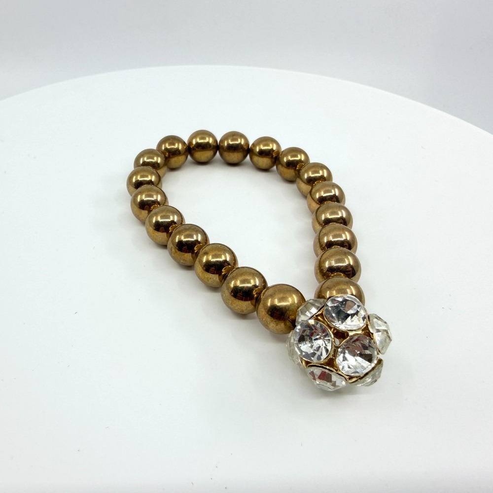 Vintage Gold Tone Beaded Stretch Bracelet with Chunky Rhinestone 90s Disco